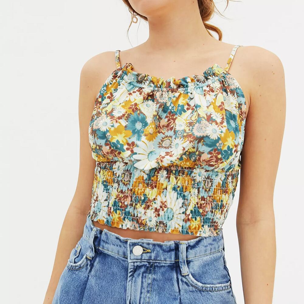Urban Outfitters Margot Smocked Cropped Cami Top, Boho 70s Hippie Summer Floral